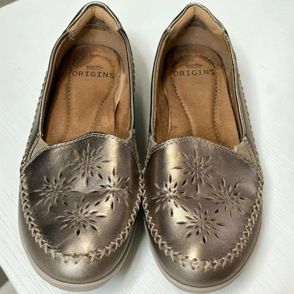 Earth Origins Freya Washed Gold Leather Whipstitch Comfort Flats Loafers Sz 6M